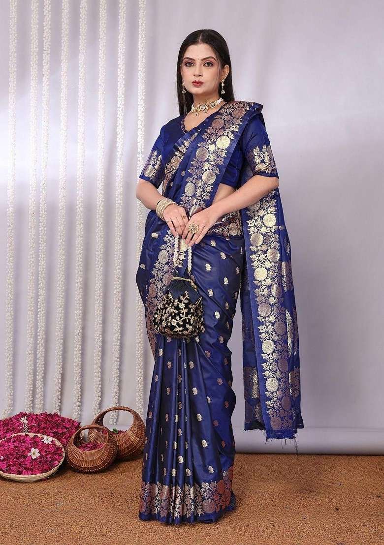 Navy Blue Blended Jacquard Saree Set for Diwali | Wedding & Festive Wear - Indya