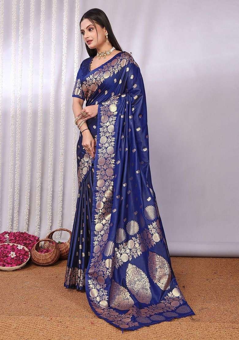Navy Blue Blended Jacquard Saree Set for Diwali | Wedding & Festive Wear - Indya