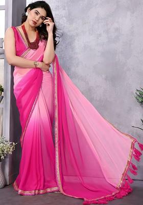 Pink Embroidered Blended Saree Set
