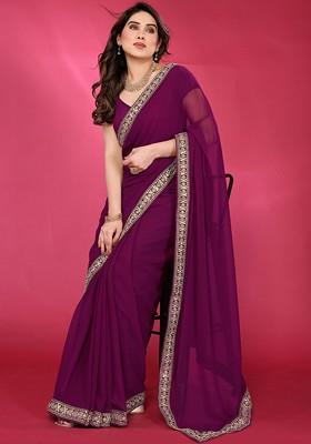 Purple Embroidered Blended Saree Set