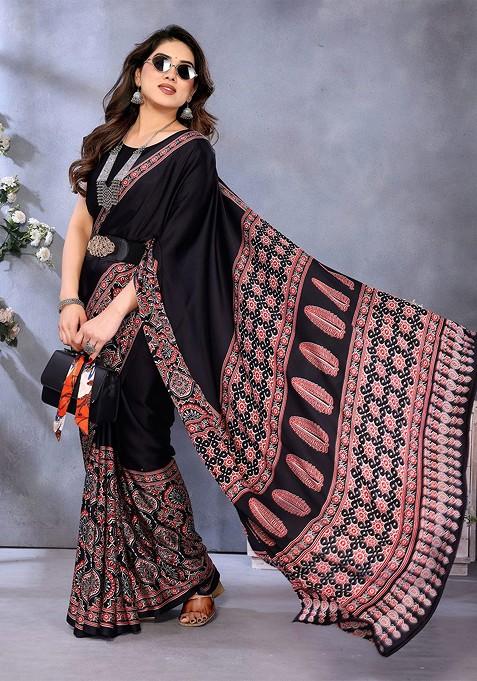 Black Jacquard Blended Saree Set — view on Indya