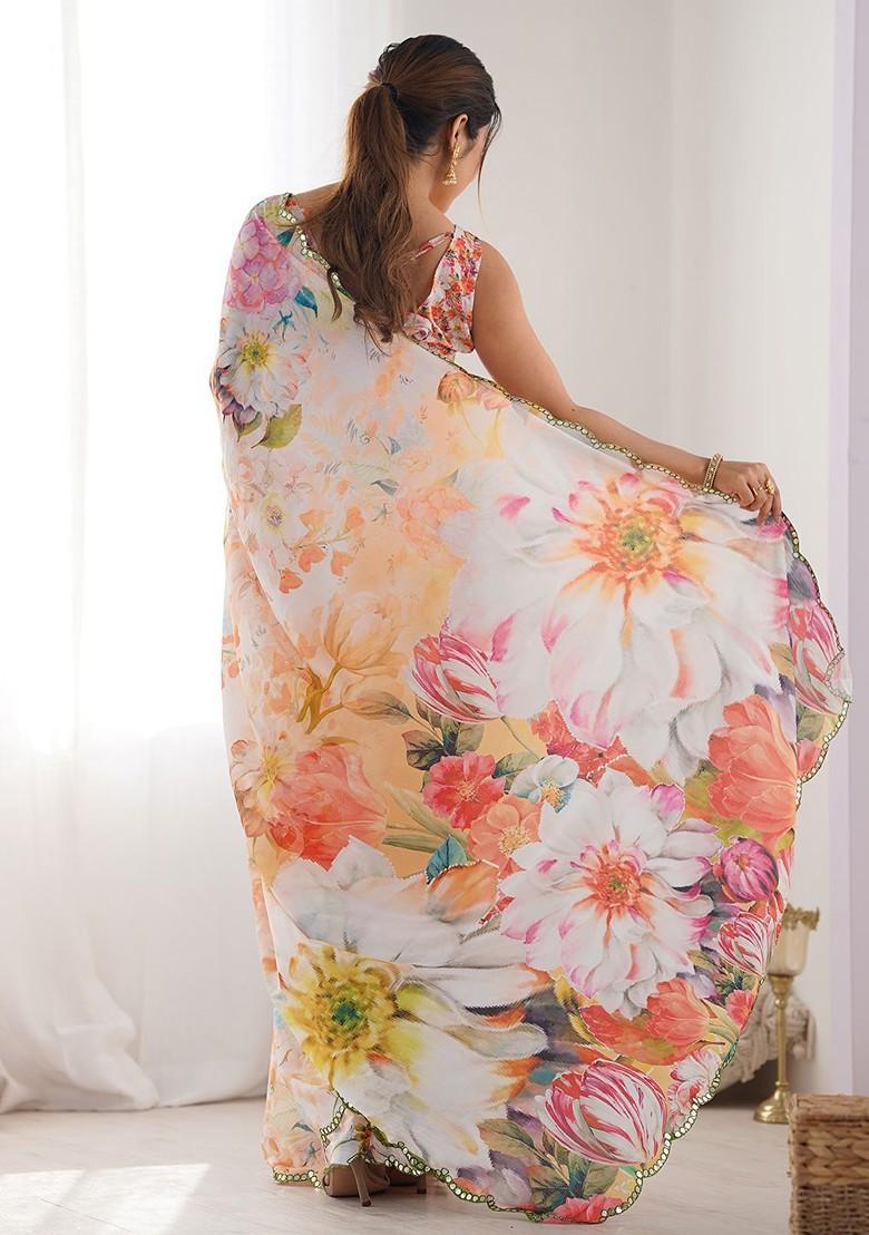 Peach Printed Blended Saree Set