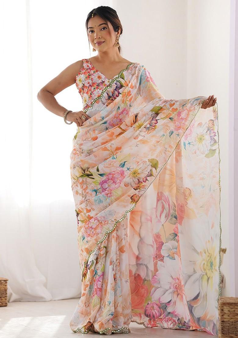 Peach Printed Blended Saree Set