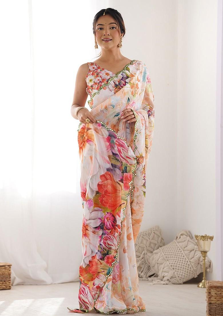 Peach Printed Blended Saree Set