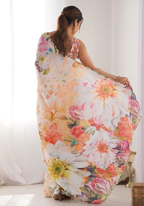 Peach Printed Blended Saree Set