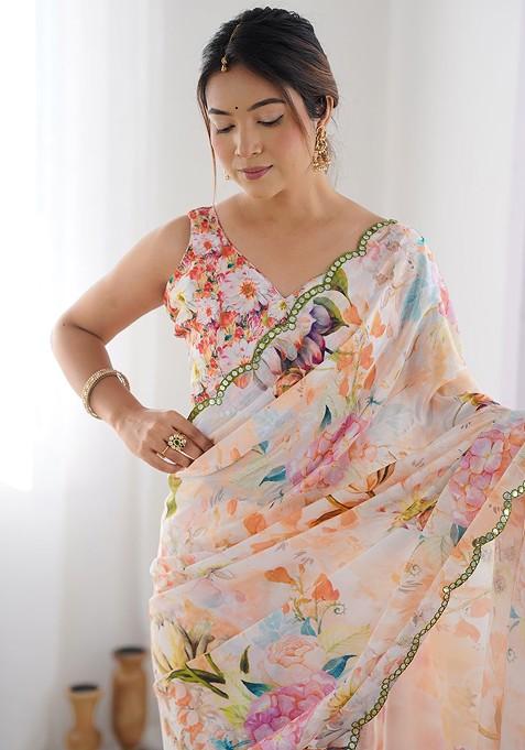 Peach Printed Blended Saree Set
