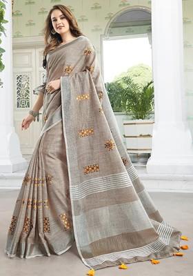 Beige Printed Blended Saree Set