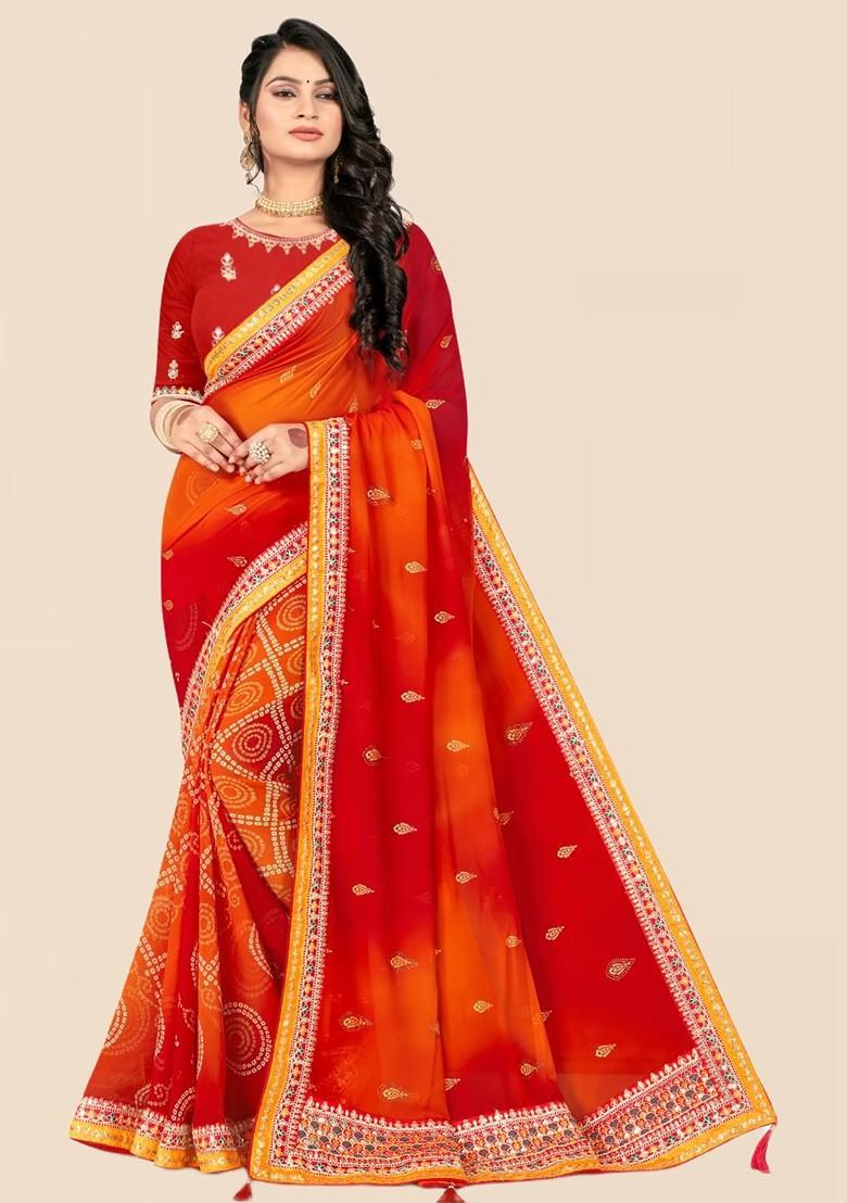 Red Printed Blended Saree Set