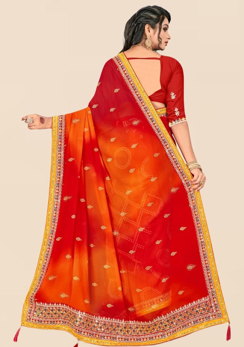 Red Printed Blended Saree Set
