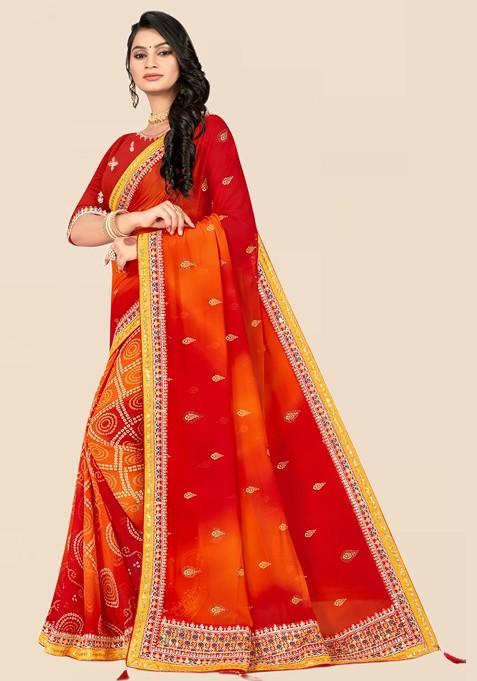 Red Printed Blended Saree Set