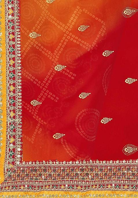 Red Printed Blended Saree Set