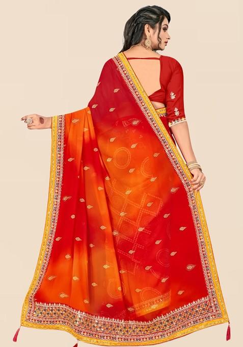 Red Printed Blended Saree Set