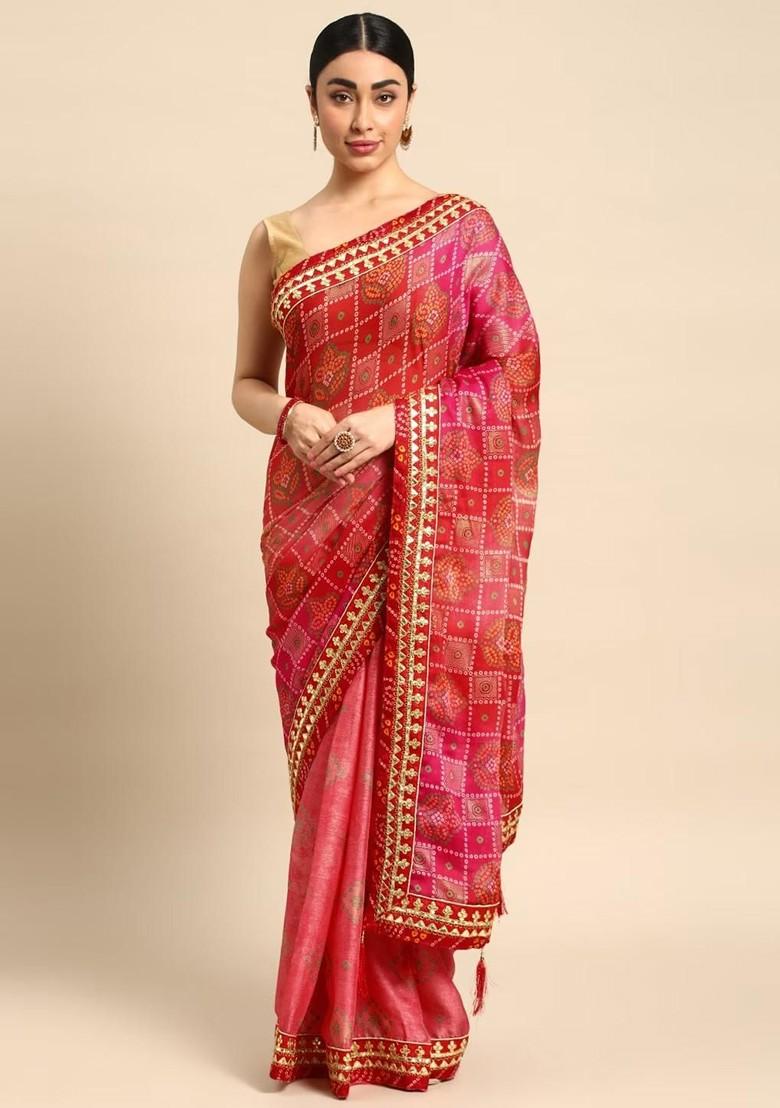 Red Printed Blended Saree Set