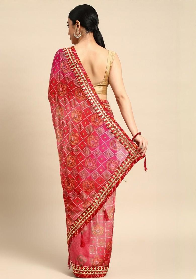 Red Printed Blended Saree Set