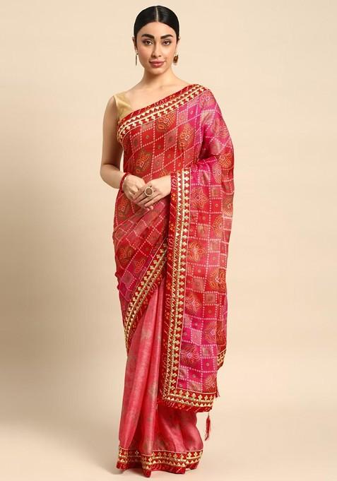 Red Printed Blended Saree Set