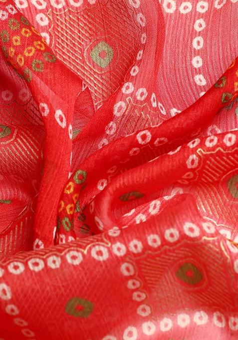 Red Printed Blended Saree Set