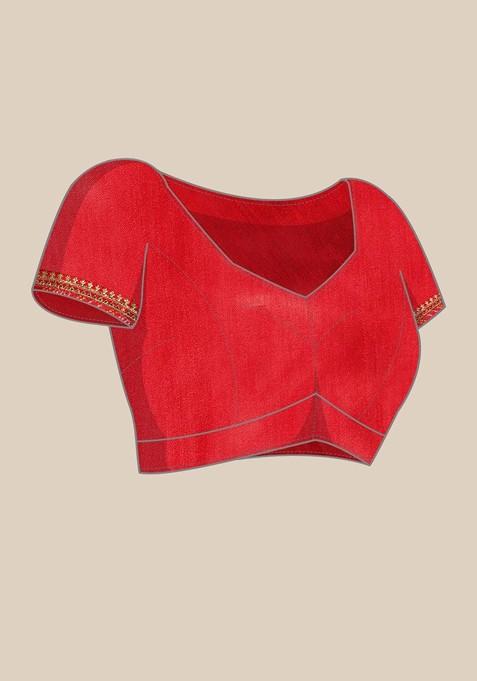 Red Printed Blended Saree Set