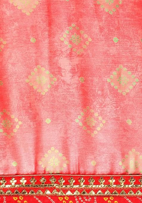 Red Printed Blended Saree Set