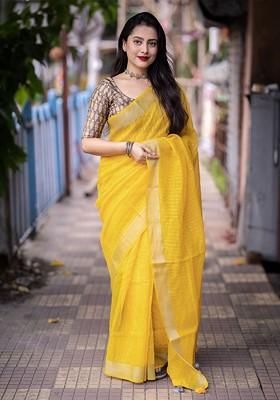 Yellow Embellished Blended Saree Set