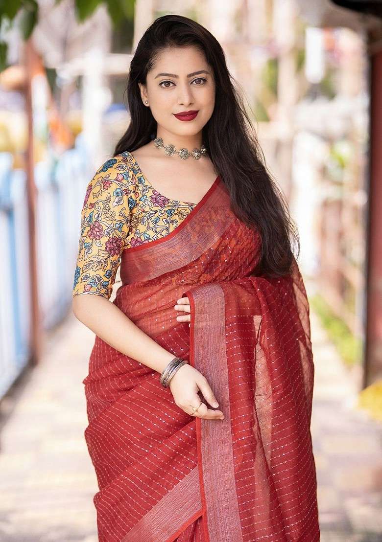 Red Embellished Blended Saree Set for Diwali | Wedding & Festive Wear - Indya
