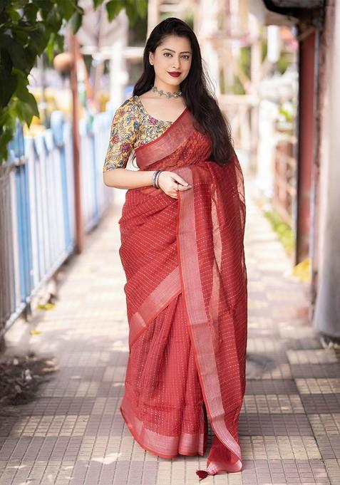 Red Embellished Blended Saree Set — view on Indya