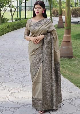 Beige Embroidered Blended Saree Set