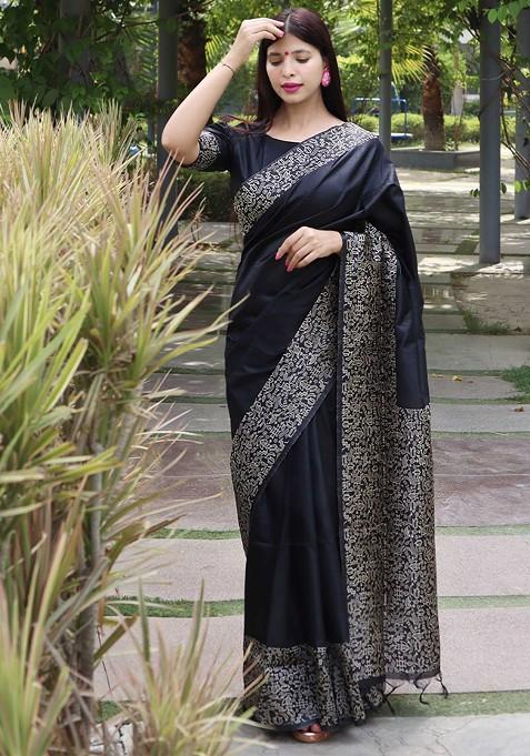 Black Printed Blended Saree Set