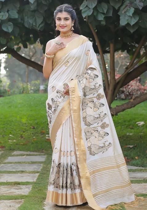 Cream Embroidered Blended Saree Set — view on Indya