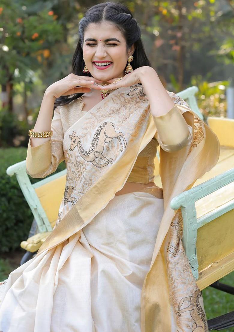 Cream Embellished Blended Saree Set