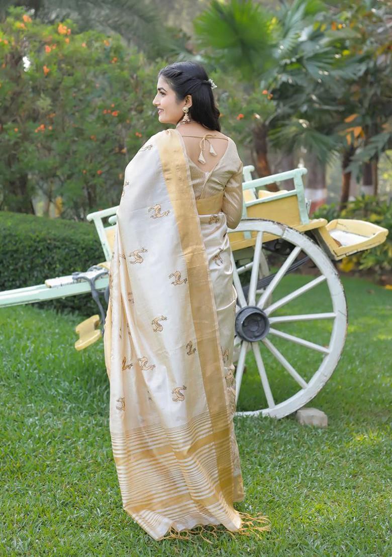Cream Embellished Blended Saree Set