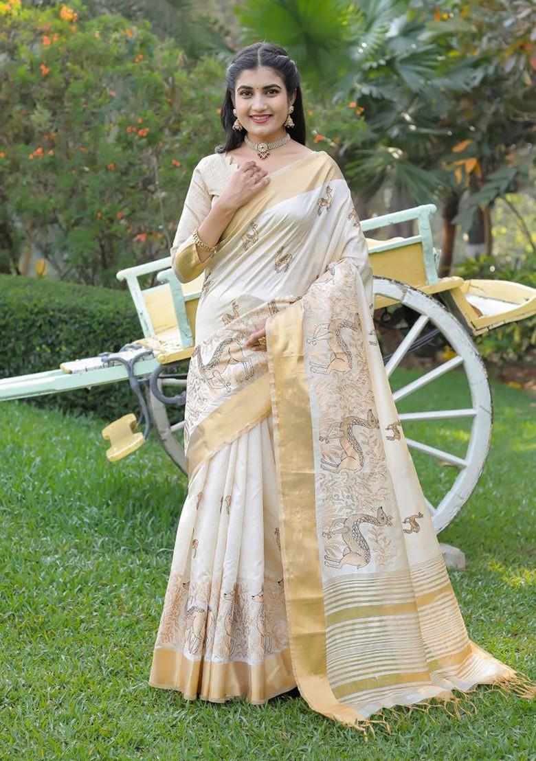 Cream Embellished Blended Saree Set