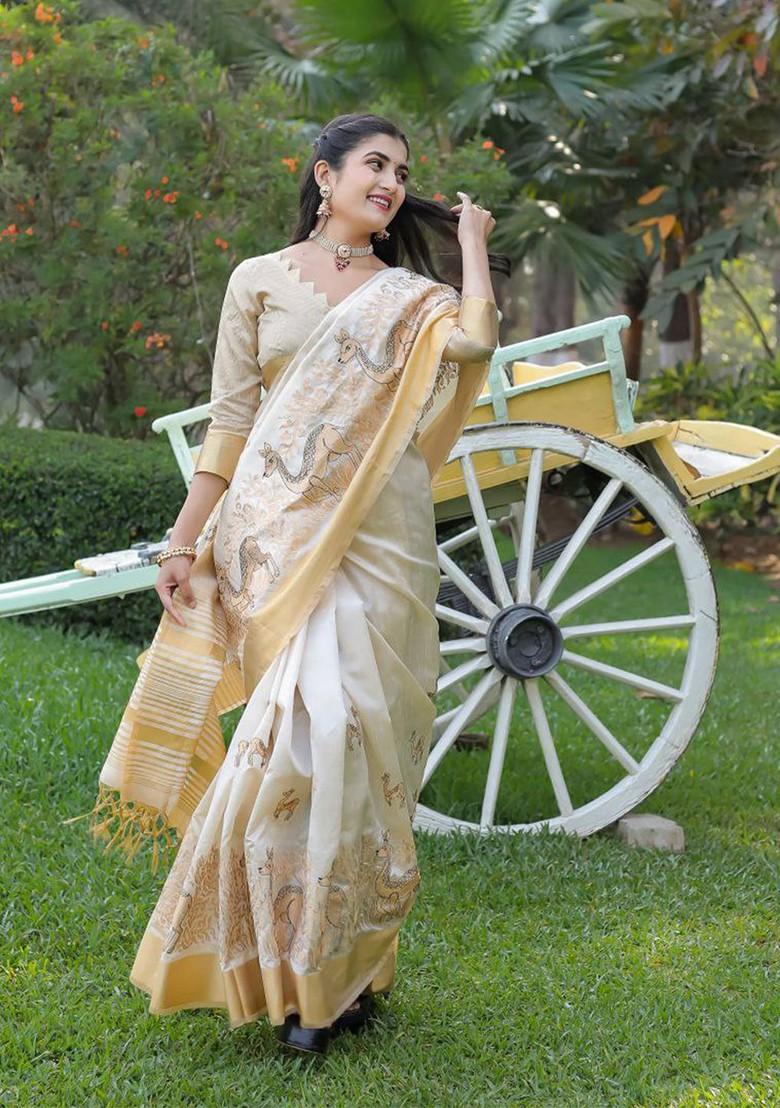 Cream Embellished Blended Saree Set