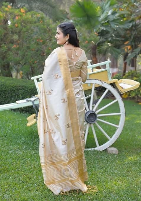 Cream Embellished Blended Saree Set