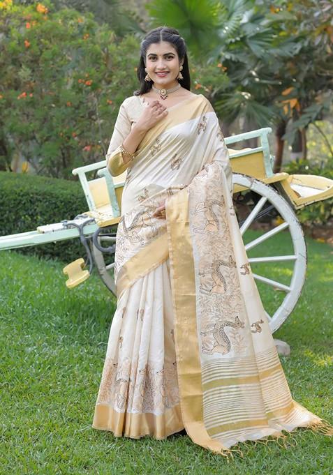 Cream Embellished Blended Saree Set
