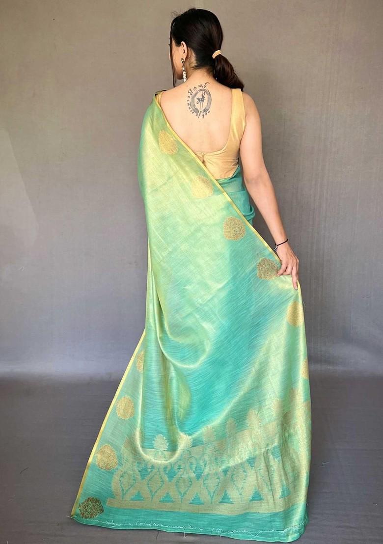 Teal Embroidered Blended Saree Set