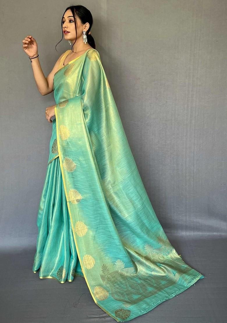 Teal Embroidered Blended Saree Set