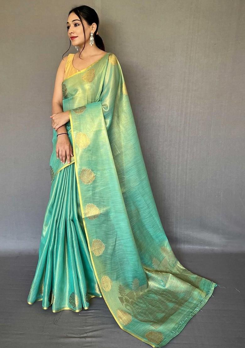 Teal Embroidered Blended Saree Set