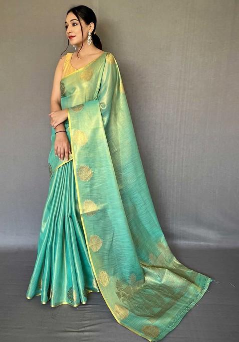 Teal Embroidered Blended Saree Set