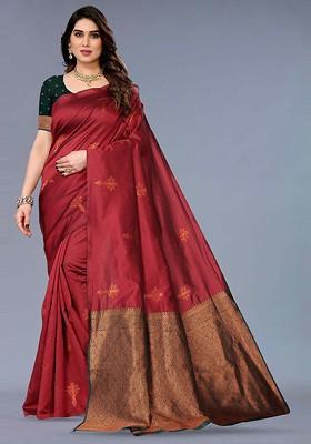 Red Embroidered Blended Saree Set