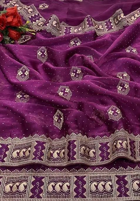 Purple Embellished Blended Saree Set — view on Indya