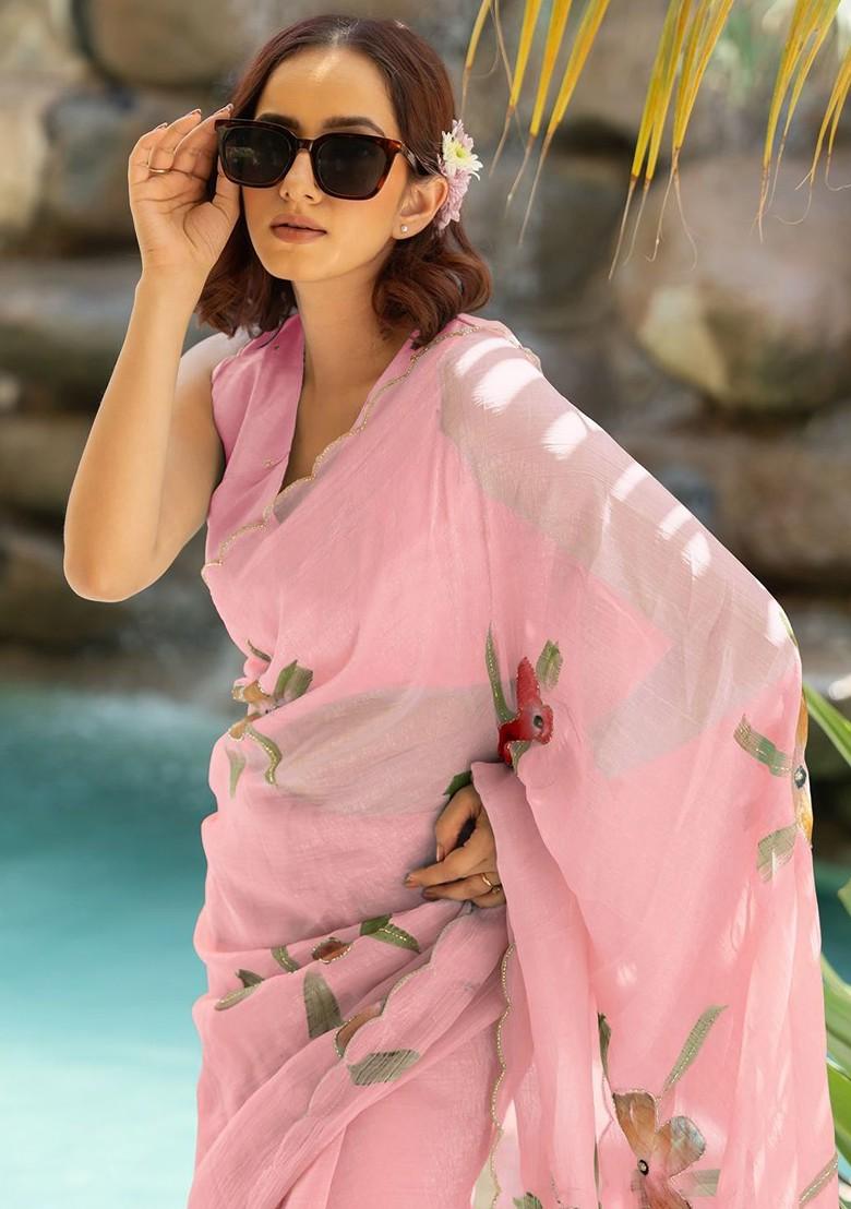 Peach Printed Blended Saree Set