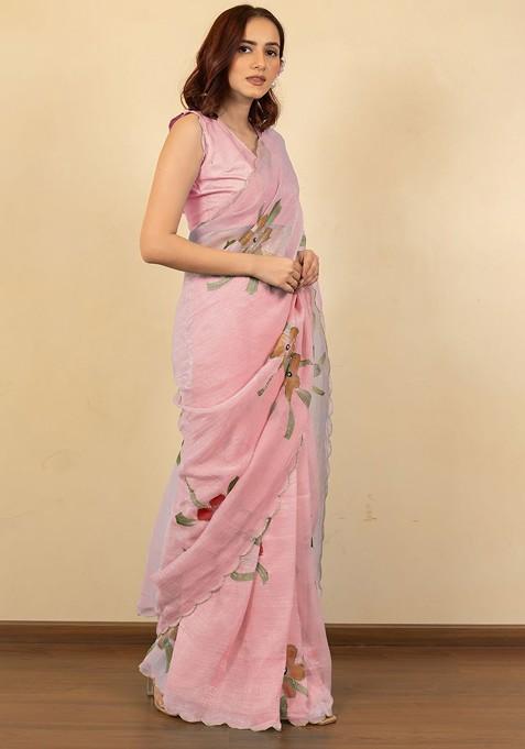 Peach Printed Blended Saree Set