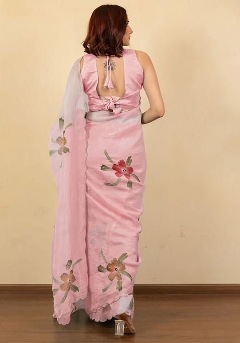Peach Printed Blended Saree Set