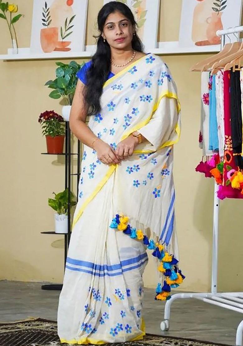 White Printed Blended Saree Set