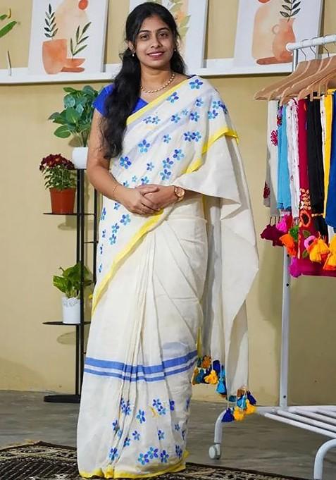 White Printed Blended Saree Set