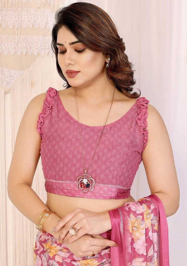 Pink Printed Blended Saree Set