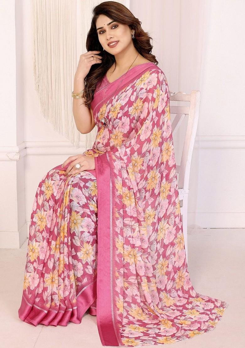 Pink Printed Blended Saree Set