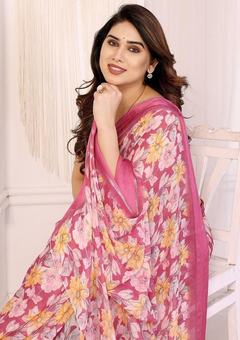Pink Printed Blended Saree Set