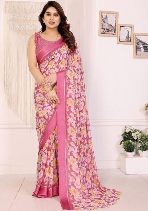 Pink Printed Blended Saree Set