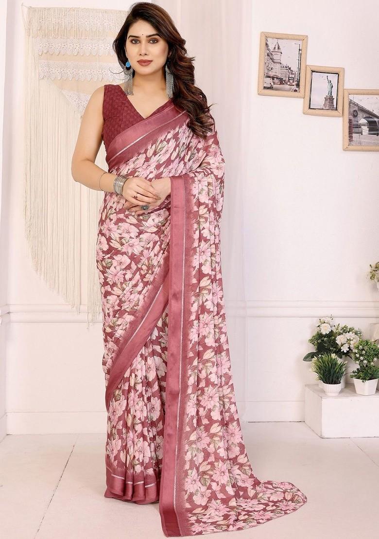 Maroon Printed Blended Saree Set